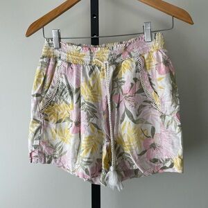 Briggs Linen Boho Bohemian Tassel Shorts Floral Tropical Pink Yellow Small